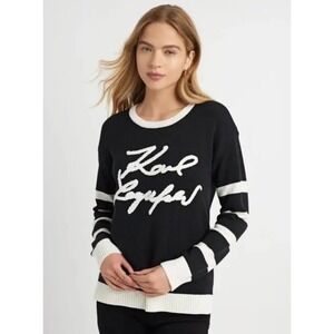 New Signed Karl Lagerfeld Paris Logo Sweater Black White Signature Stripe L